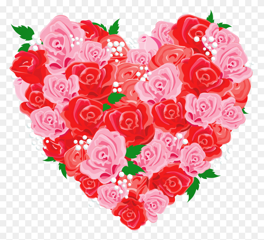 6312x5692 Descargar Png Corazón Rosa Y Rojo Con Rosas, Diseño Floral Hd Png