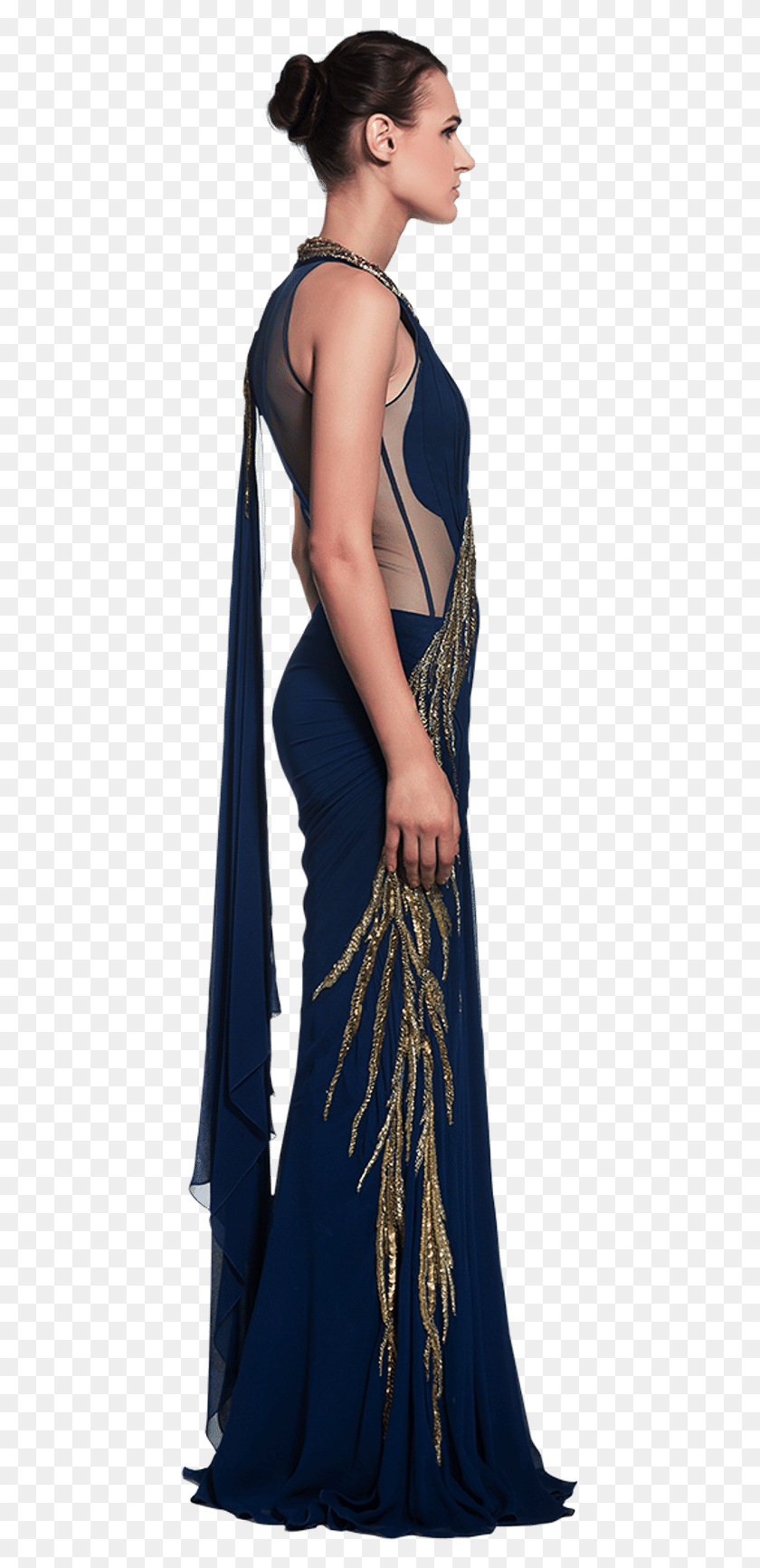 441x1672 Deep Blue Saree Gown With Gold Embellishments Photo Shoot, Clothing, Apparel, Evening Dress Descargar Hd Png
