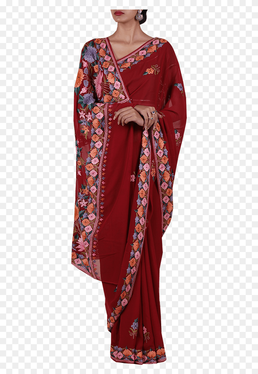 377x1157 Deep Red Suzani Embroidered Tabi Silk Saree Silk, Clothing, Apparel, Robe HD PNG Download