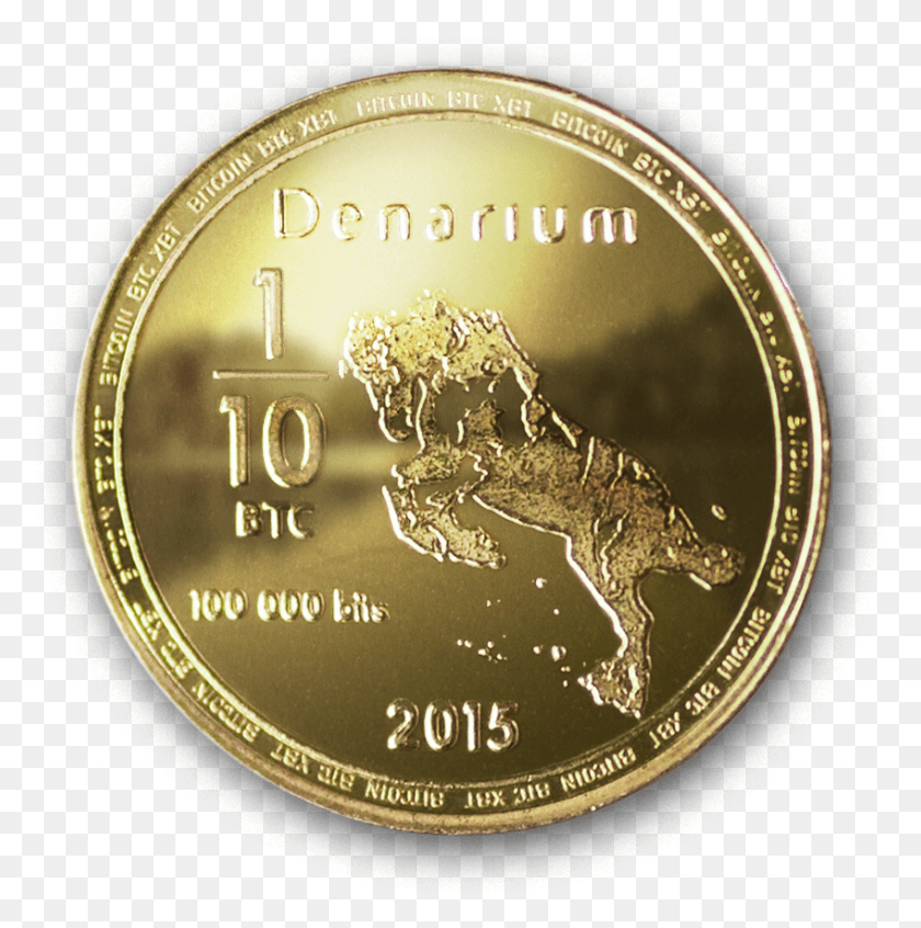 848x855 Descargar Png Denarium Bitcoin 100K Bits Físico Chapado En Oro Bitcoin Moneda De Oro, Dinero, Torre Del Reloj, Torre Hd Png