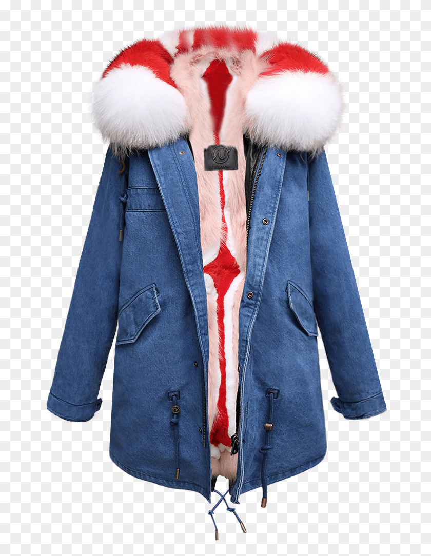 671x1024 Denim Parka Red Diamond Fox Coat, Clothing, Apparel, Overcoat HD PNG Download