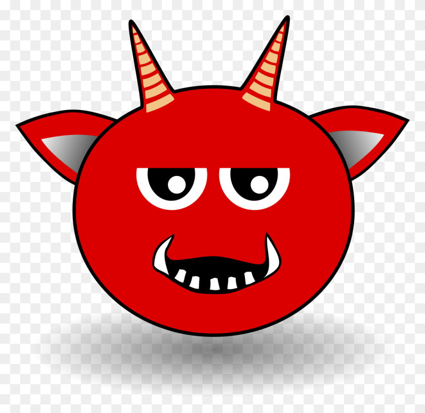 1000x971 Devil Smiley Red Horns Ears Fangs Vampire Cartoon Devil Head, Label, Text, Sticker HD PNG Download