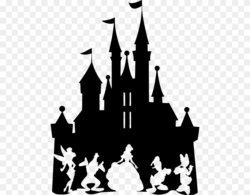 500x656 Disney Castle With Donald Daisy Tinkerbell Goofy Belle Silhouette Walt Disney Castle, Gray Transparent PNG