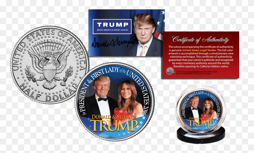 2048x1178 Donald Amp Melania Trump Moneda De Coleccionista Trump Construye El Muro Moneda, Persona, Humano, Dinero Hd Png