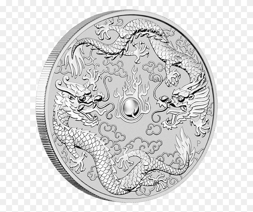 607x643 Double Dragon 2019silver One Ounce Pure Silver 2019 Australia 1 Oz Silver Double Dragon, Money, Coin, Rug HD PNG Download