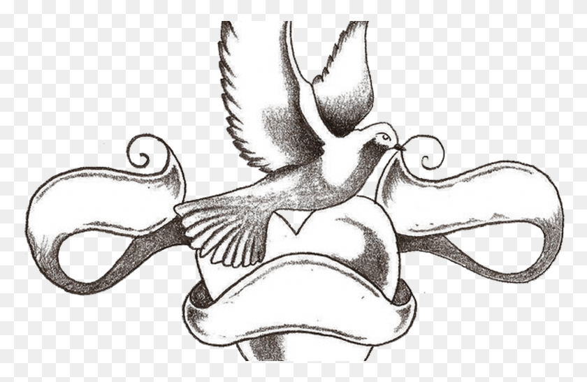 1368x855 Dove Tattoo With Heart And Ribbon Banner Tattoos Sketch Of Love Heart Tattoo, Animal, Bird, Flying HD PNG Download
