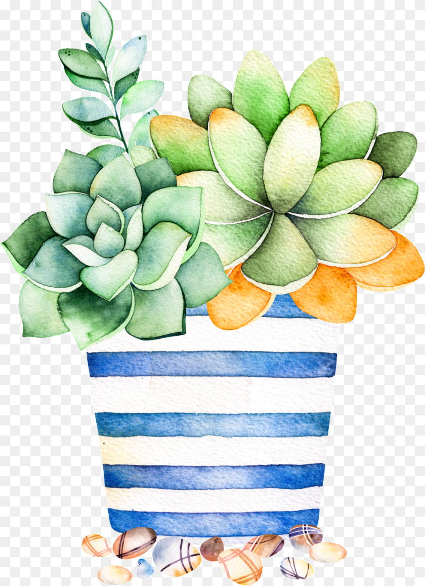 981x1351 Download Blue Striped Flower Pot Pot Flower Cartoon, Vase, Pottery, Potted Plant, Planter Sticker PNG