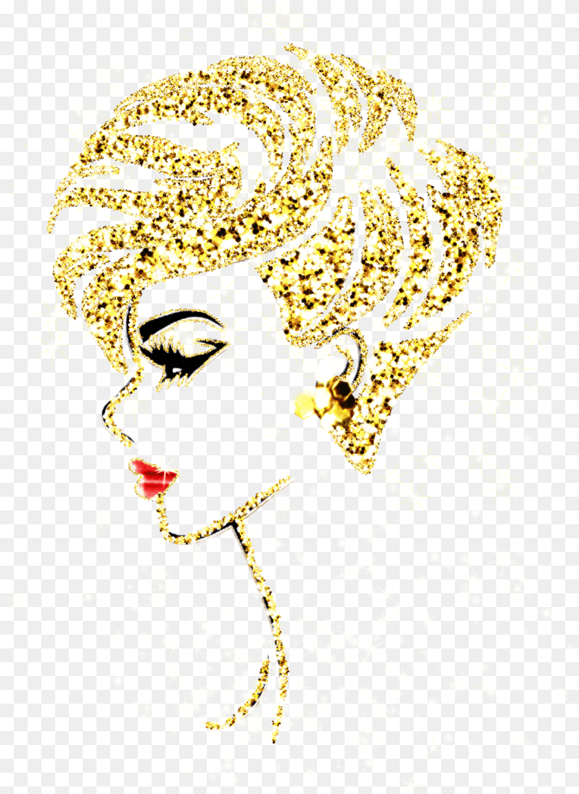1025x1405 Download Gold Glitter Sparkle Red Lips Profile Lady Illustration, Accessories, Earring, Jewelry, Adult Sticker PNG