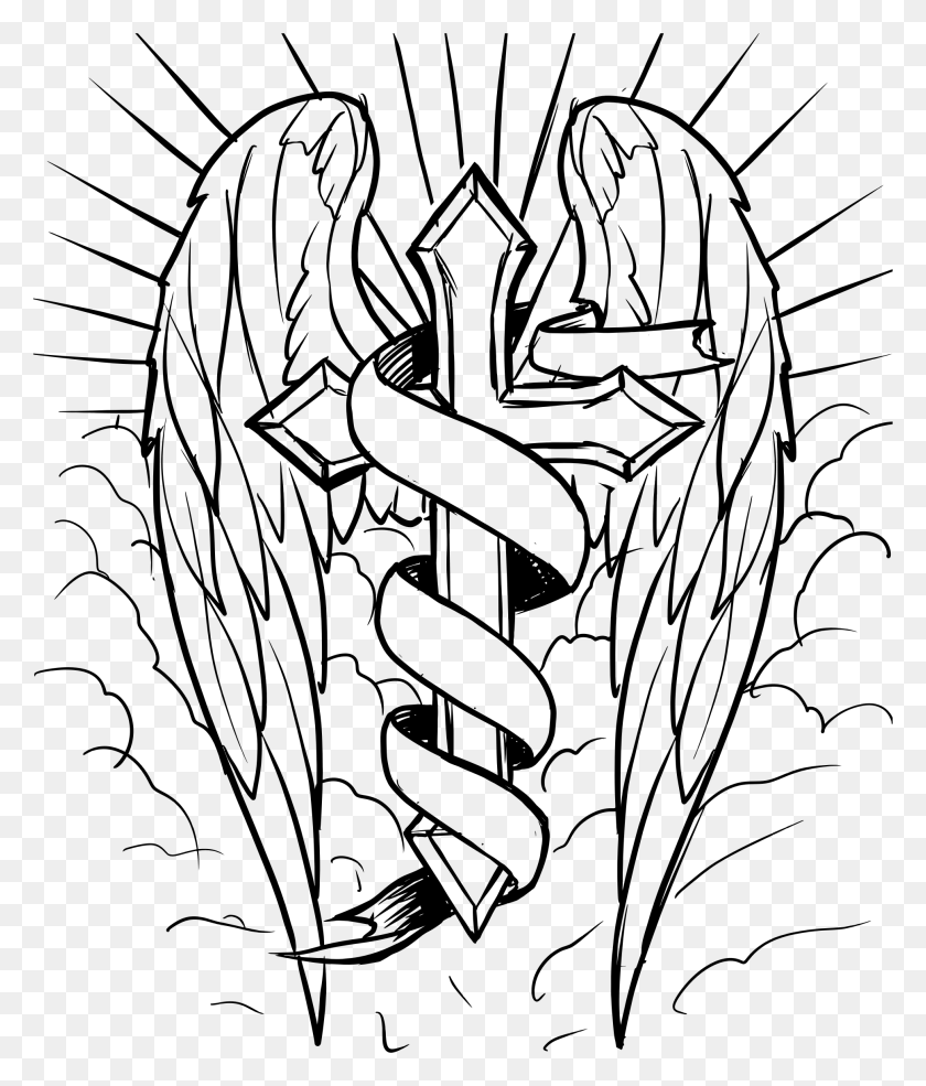 1938x2300 Drawing Chinese Cloud Cross With Wings Drawing, Gray, World Of Warcraft HD PNG Download