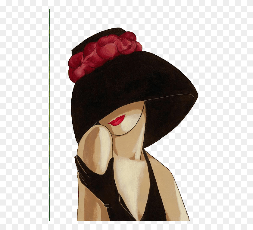 514x701 Drawing Lady Lampshadehat Hat Girl Painting, Clothing, Apparel, Bonnet HD PNG Download