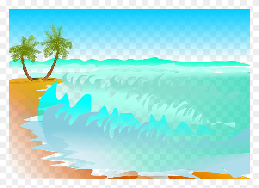960x678 Нарисованный Пальмовый Пляж Серфинг Мультфильм Пляж С Волнами, Море, На Открытом Воздухе, Вода Png Скачать