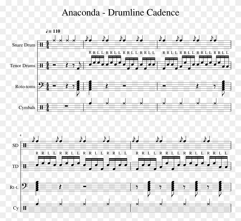 773x710 Drumline Cadence Sheet Music 1 Of 6 Pages Anaconda Drum Cadence, Gray, World Of Warcraft HD PNG Download