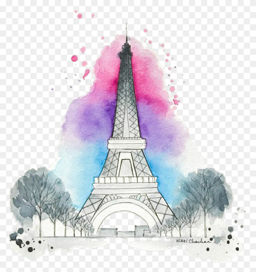 1024x1096 La Torre Eiffel, La Torre Eiffel, Pintura, Galaxia, Torre, Arquitectura, Edificio Hd Png