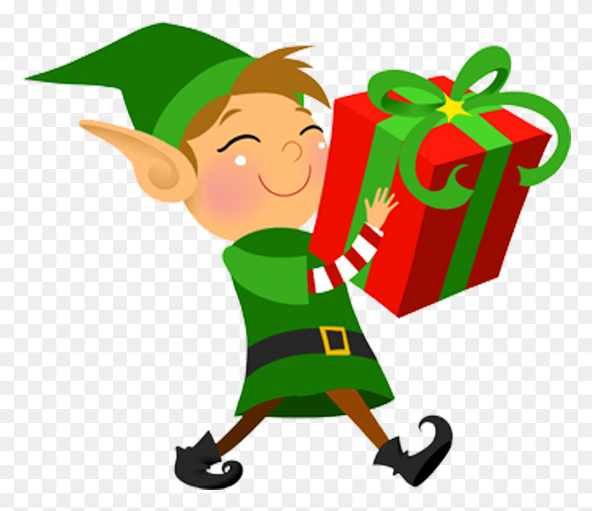 876x747 Elf Christmas Elf With Present, Gift, Toy HD PNG Download