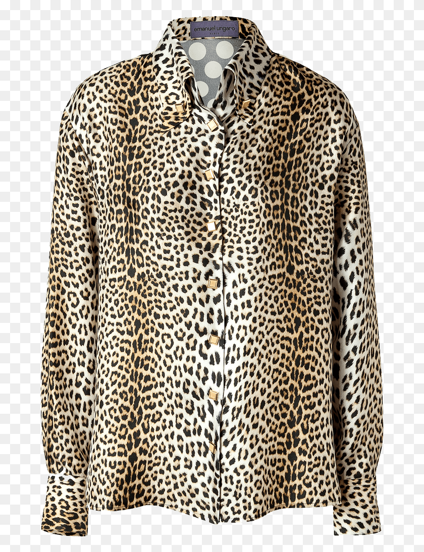 681x1034 Emanuel Ungaro Silk Leopard Print Front Polka Dot Back Leopard Print Silk Shirt, Clothing, Apparel, Blouse HD PNG Download