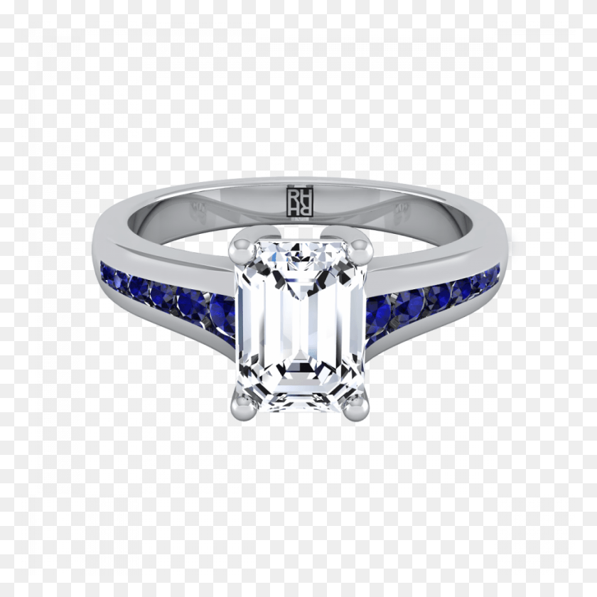 900x900 Emerald Cut Diamond Engagement Ring With Sapphire Channel Emerald Cut Diamond Ring With Sapphires, Gemstone, Jewelry, Accessories HD PNG Download