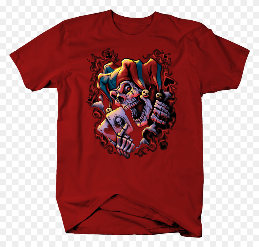 1295x1229 Evil Skeleton Joker Holdong Playing Cards Shirt Red Skull Joker, Clothing, Apparel, T-shirt HD PNG Download