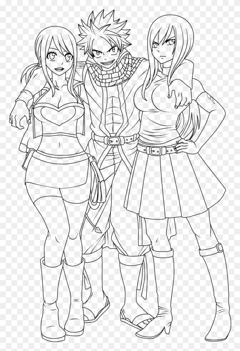 802x1201 Fairy Tail Lineart Natsu With Lucy And Erza By Natsu9555 Fairy Tail Coloring Pages Anime Lucy, Nature, Outdoors, Astronomy HD PNG Download