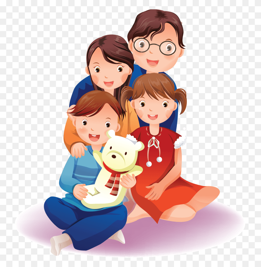 744x800 Famlia Family Cartoon Of 4 Two Daughters, Female, Girl, Kneeling HD PNG Download