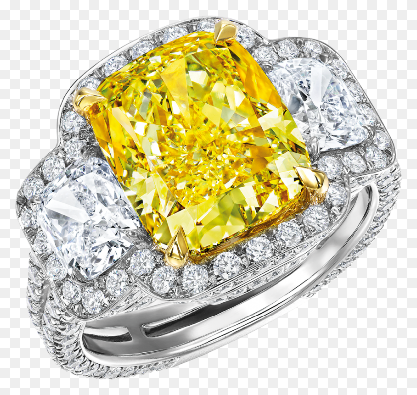 849x801 Fancy Intense Yellow Cushion Cut Diamond Ring Engagement Ring, Diamond, Gemstone, Jewelry HD PNG Download