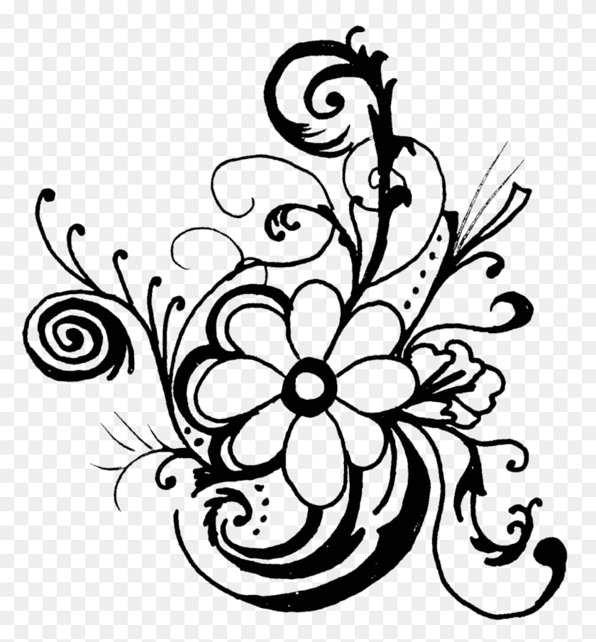1344x1455 Fancy Lines Clipart Flowers Clip Art Black And White Border, Graphics, Floral Design HD PNG Download
