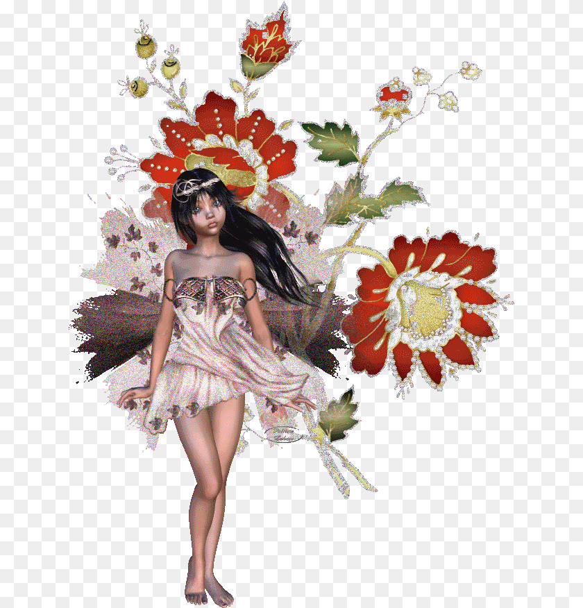 644x876 Fata Glitter Con Fiori Artificial Flower, Adult, Person, Woman, Female Sticker PNG