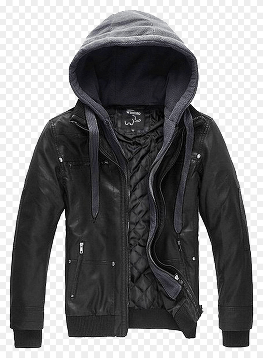 1053x1460 Faux Leather Jacket With Removable Hood, Clothing, Apparel, Coat HD PNG Download