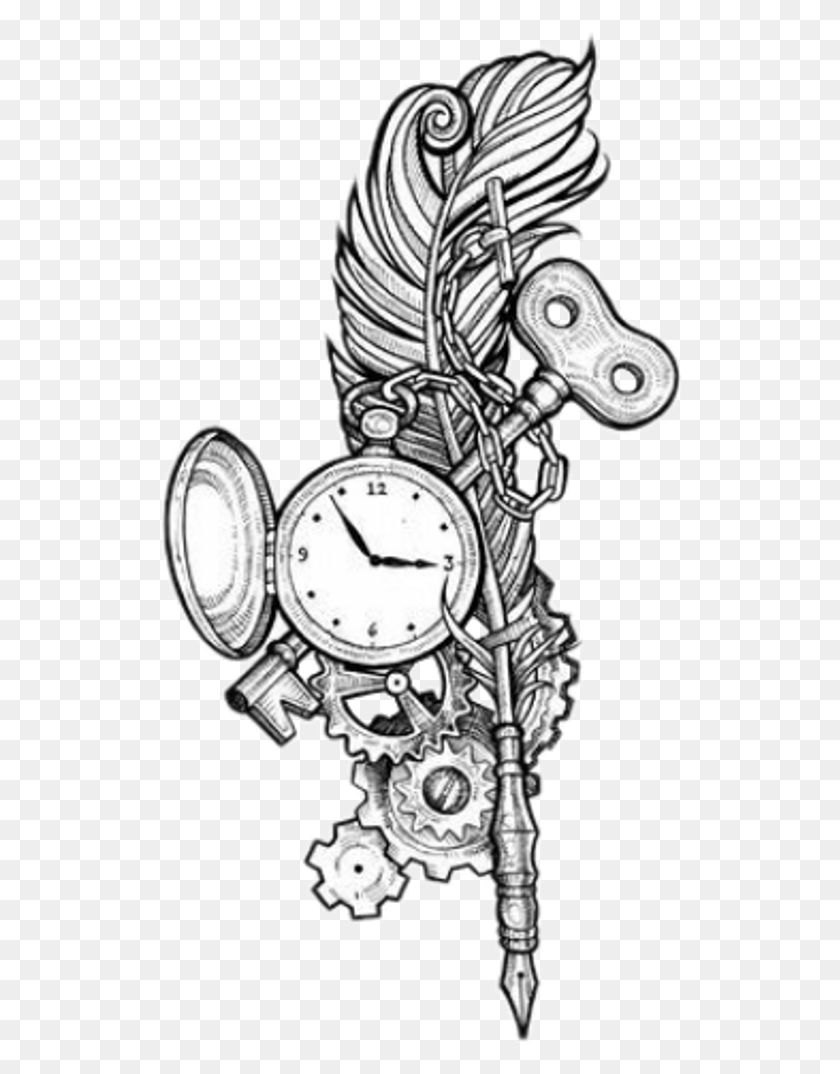 524x1014 Feather Feathertattoo Pocketwatch Key Tattoodesign Watch Tattoo Designs, Analog Clock, Clock, Cross HD PNG Download