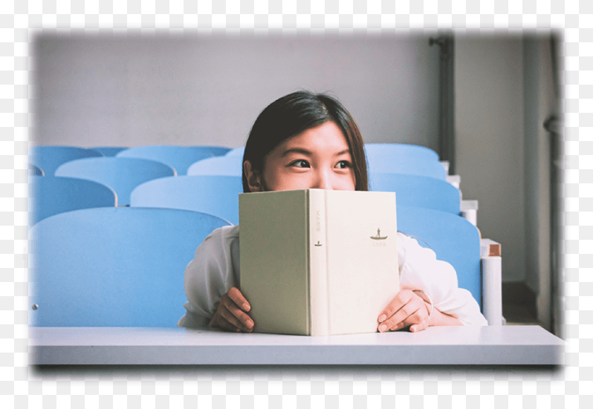 975x650 Female Student Girl Peeking Behind Book Library Table Vluchtelingenkinderen Onderwijs, Person, Face, Reading HD PNG Download