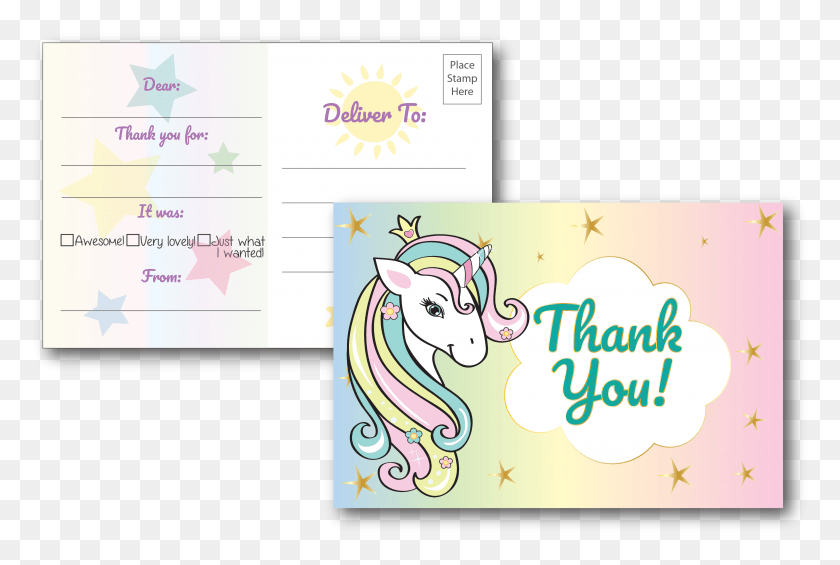 3795x2460 Descargar Png / Tarjetas De Agradecimiento Unicornio Para Cumpleaños De Niños De Dibujos Animados, Texto, Sobre, Correo Hd Png
