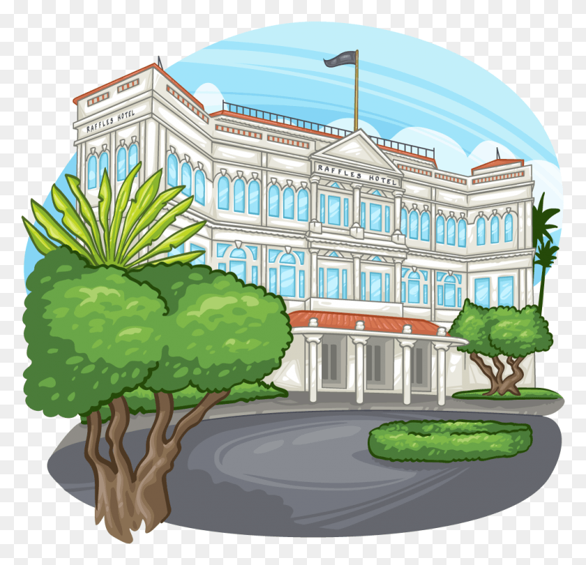 1017x978 Find Near Me Raffles Hotel Cartoon, Vegetation, Plant, Office Building HD PNG Download