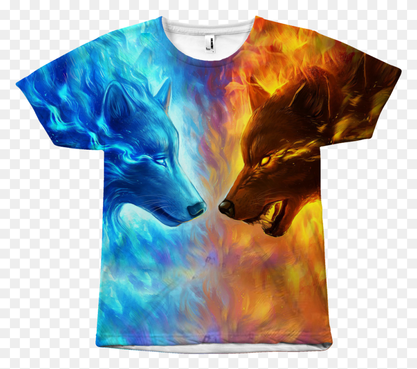 952x833 Fire And Ice All Over Print Shirts Vota Color Snow And Fire Wolf, Clothing, Apparel, Modern Art HD PNG Download