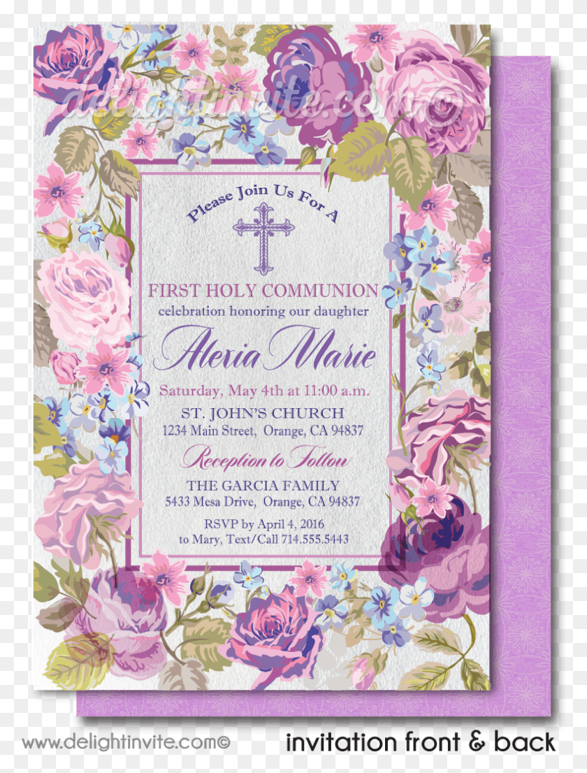 789x1059 First Holy Communion Invitations For Girls Di 726 Vintage Invitations Baptism Girl, Flower, Plant, Paper HD PNG Download