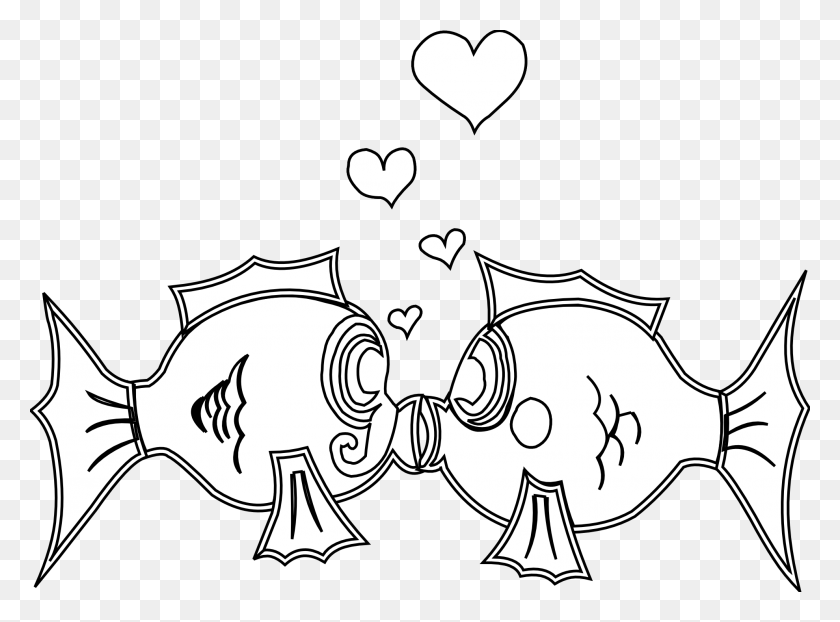 1979x1427 Fish In Love Black White Line Art Coloring Book Colouring Love Clipart Black White, Stencil, Doodle HD PNG Download