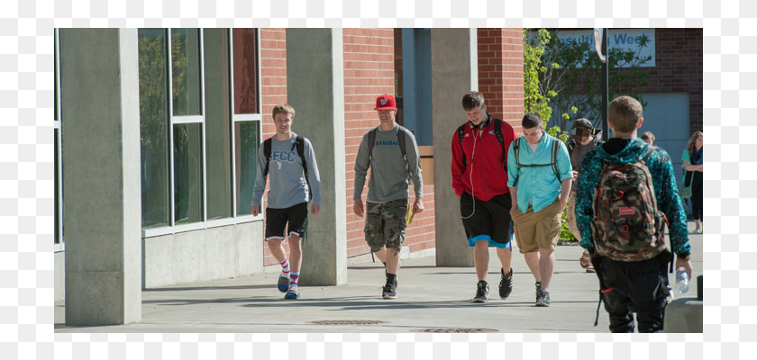 721x340 Five Students Walking Outside Of Music Building Walking, Shorts, Clothing, Apparel HD PNG Download