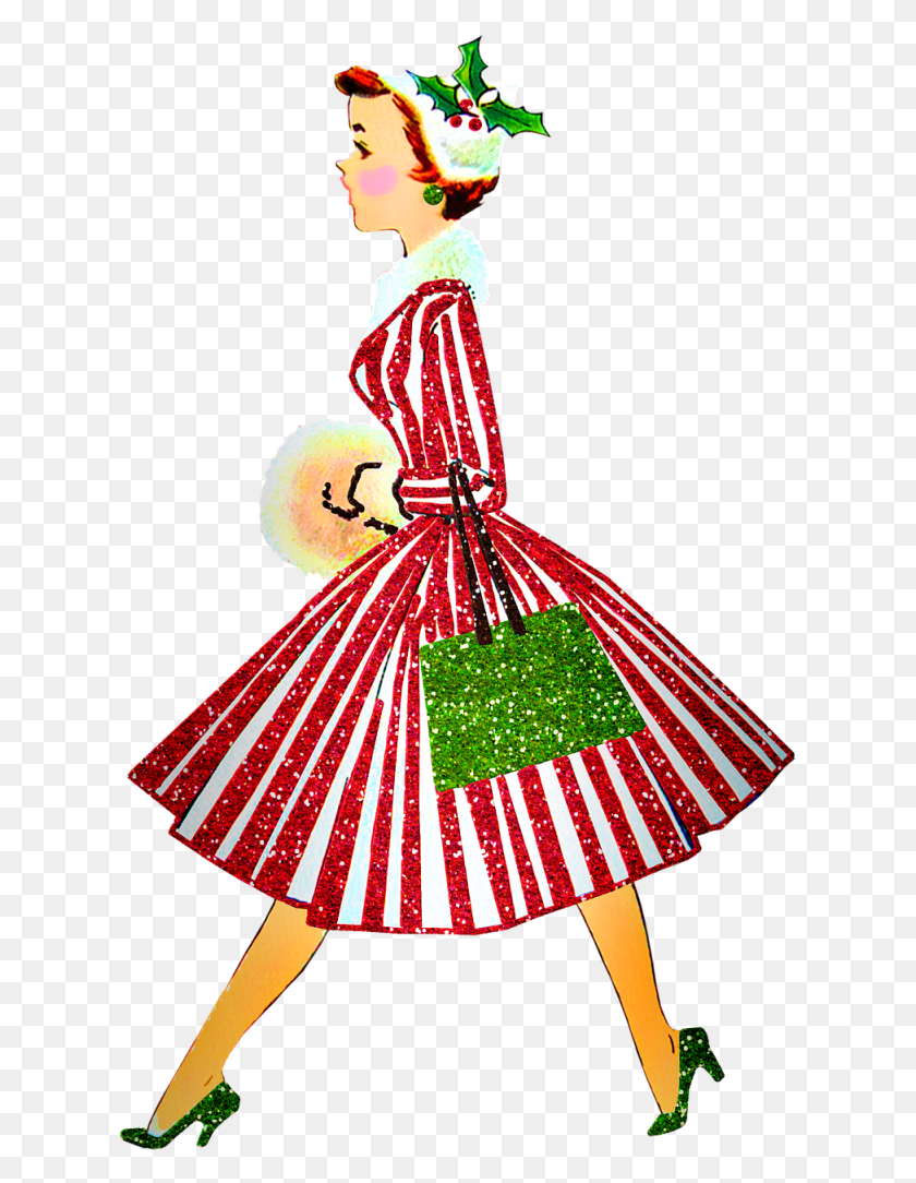 622x1024 Flopped Shopper Retro Christmas Lady 3734096 Vintage Christmas Fabric, Tree, Plant, Ornament HD PNG Download