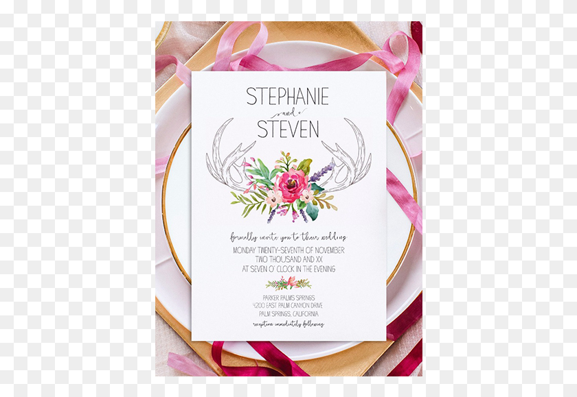 390x519 Floral Wedding Invite Flower Antlers Free Printables, Text, Flyer, Poster HD PNG Download