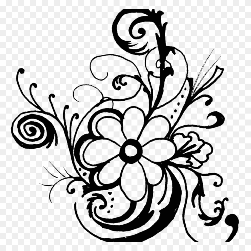 1024x1024 Flower Clipart Black And White Free Flower Black And Flower Art Black And White, Doodle HD PNG Download