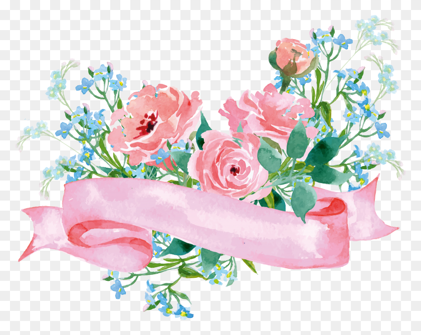 3752x2929 Flower Garden Decoration Roses Paper Floral Clipart Blue And Pink Watercolor Flowers, Graphics, Floral Design Descargar Hd Png
