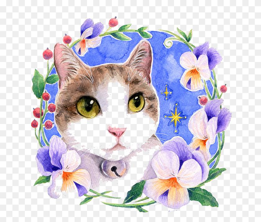 655x656 Цветы Кошка Акварельная Живопись Акварельная Живопись, Графика, Цветочный Дизайн Hd Png Скачать