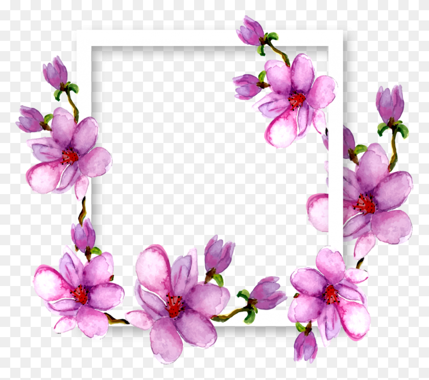1000x878 Descargar Png Flores Magnolia Marco De Borde Acuarela Púrpura Ftestic Bordes Y Marcos Transparente, Planta, Flor, Flor Hd Png