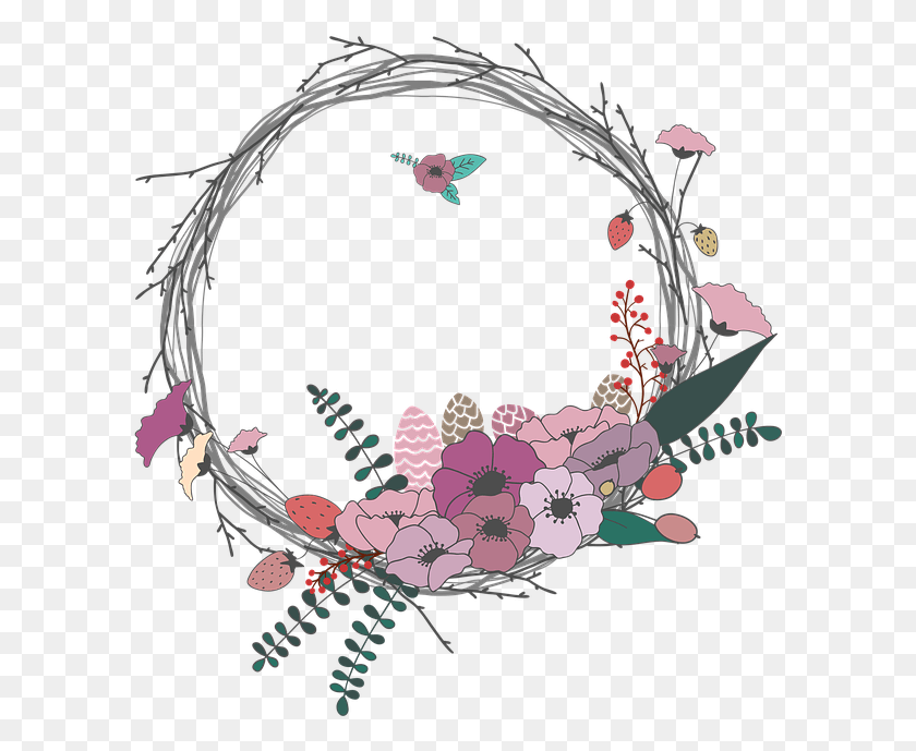 600x629 Flowers Twig Corolla Wreath Lease Spring Gambar Lingkaran Bunga, Accessories, Accessory, Jewelry HD PNG Download