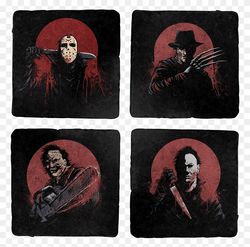 769x770 Four Horror Movie Themed Coasters Featuring Freddy Illustration, Collage, Poster, Advertisement Descargar Hd Png