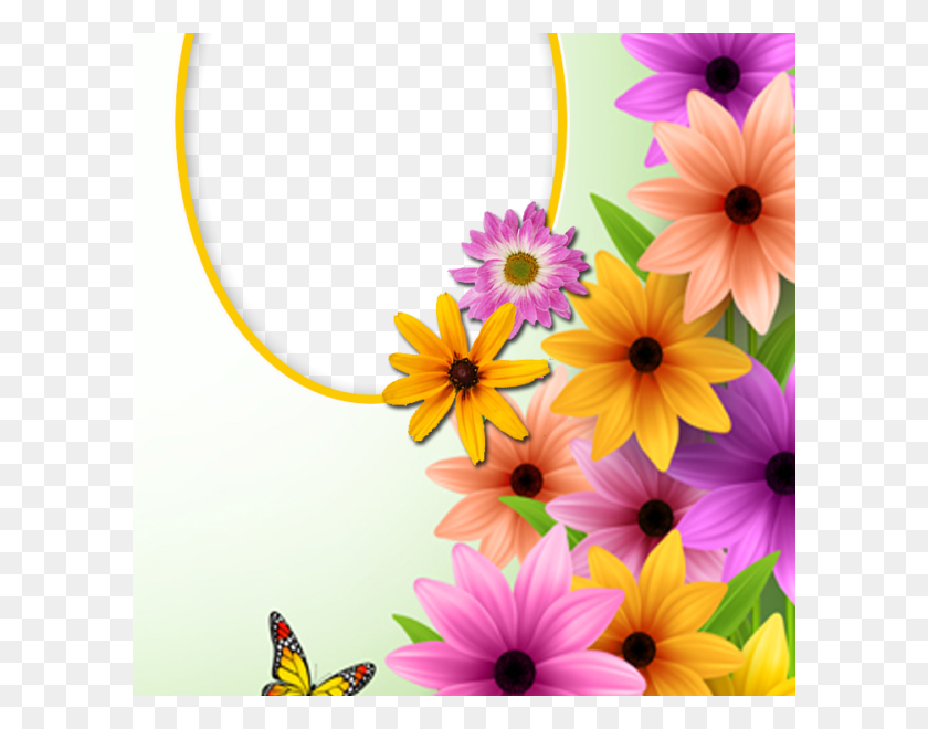 600x600 Descargar Png Marco Con Flores De Primavera Y Mariposa Hermosas Imágenes De Deseos De Buenos Días, Gráficos, Etiqueta Hd Png
