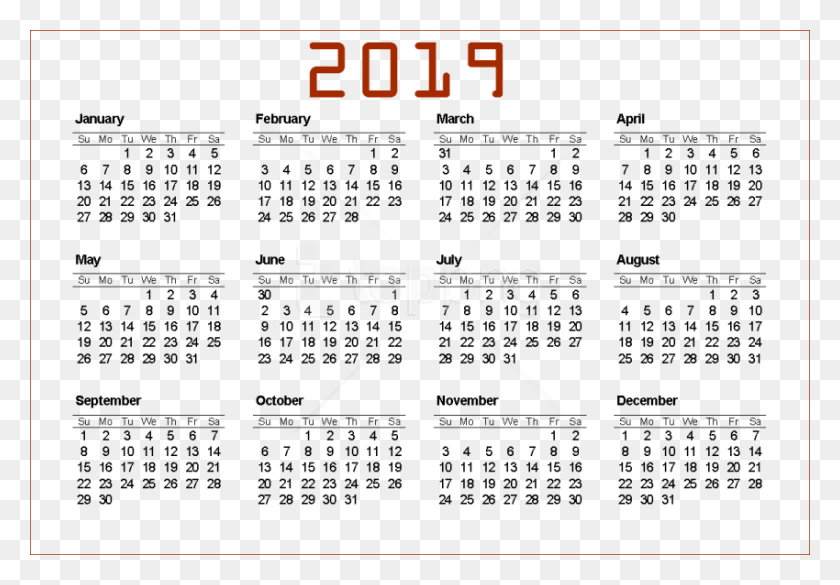 850x573 Free 2019 Calendar Images Background Printable 12 Month 2019 Calendar, Text, Menu HD PNG Download