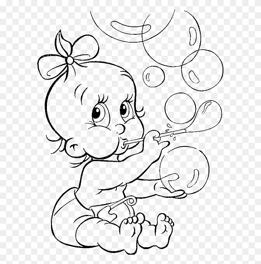 600x790 Free Baby Coloring Pages Cute Babe Blowing Bubble Balloons Baby Sister Coloring Page, Doodle HD PNG Download