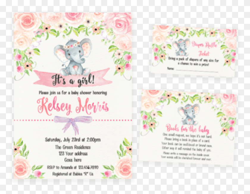 850x645 Free Blush Pink Floral Elephant Baby Shower Portable Network Graphics, Text, Paper, Flyer HD PNG Download