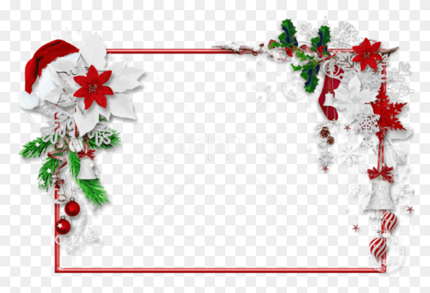 848x557 Descargar Png Marco De Navidad Con Sombrero De Santa Y Muérdago Png Borde De Navidad Transparente, Gráficos, Diseño Floral Hd Png