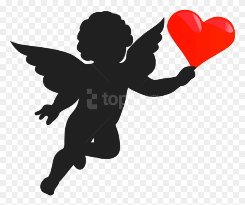 850x703 Free Cupid With Heart Silhouette Images Cupid Angel Silhouette, Person, Human HD PNG Download