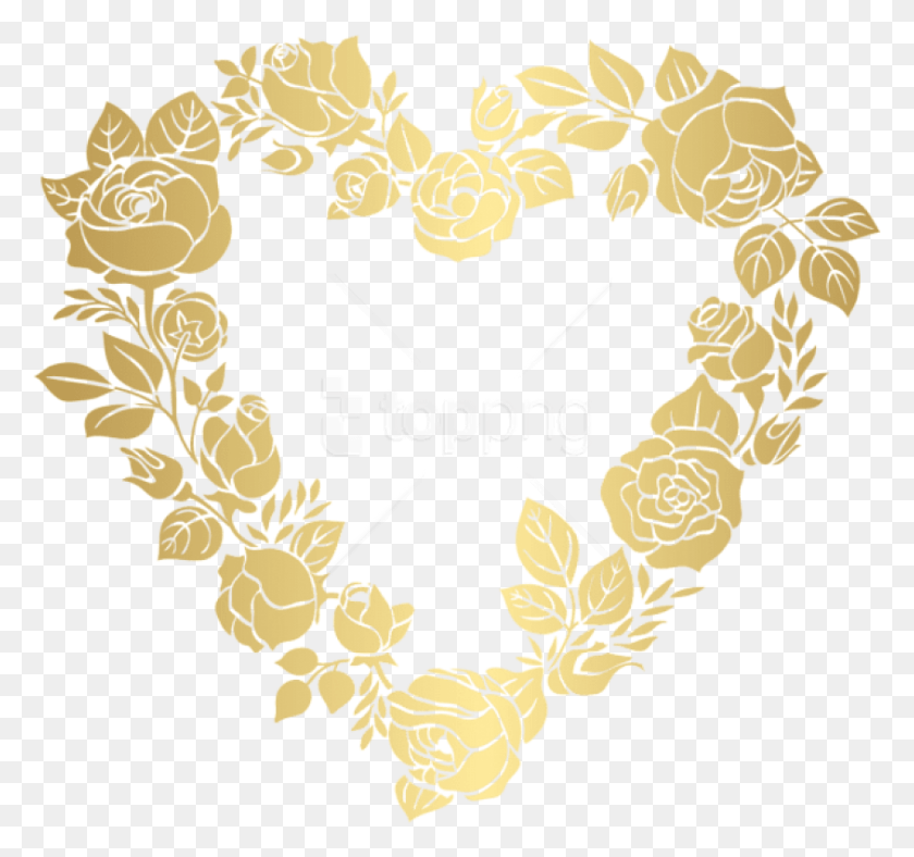 844x788 Free Floral Golden Heart Border Frame Gold Flower Frame, Graphics, Floral Design HD PNG Download